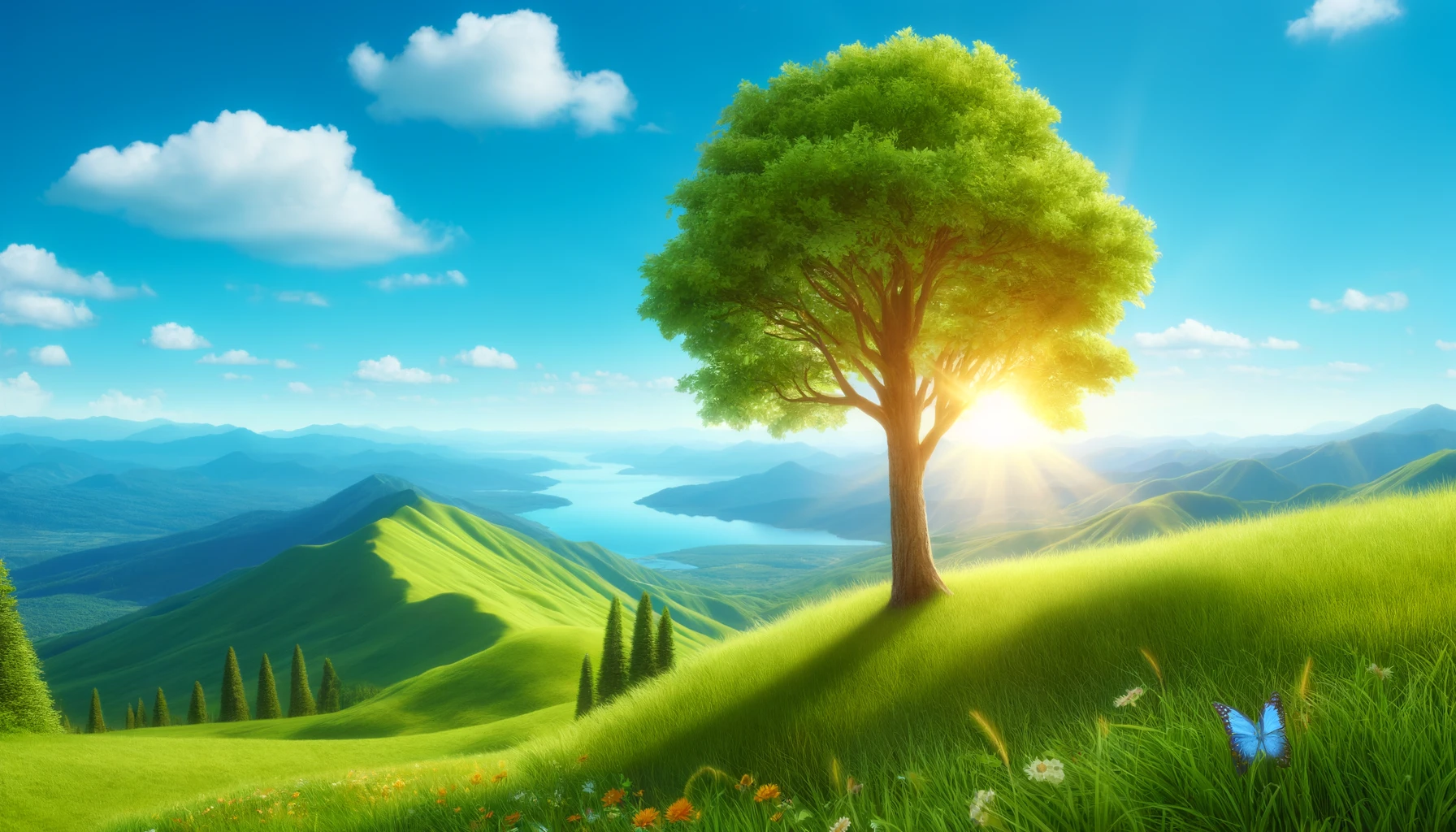 Barla tree with a green field and mountains and a river in the background
